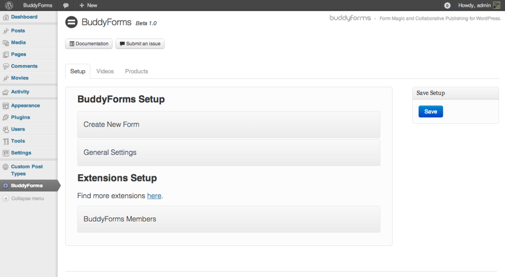 The Main Setup Page for BuddyForms. 